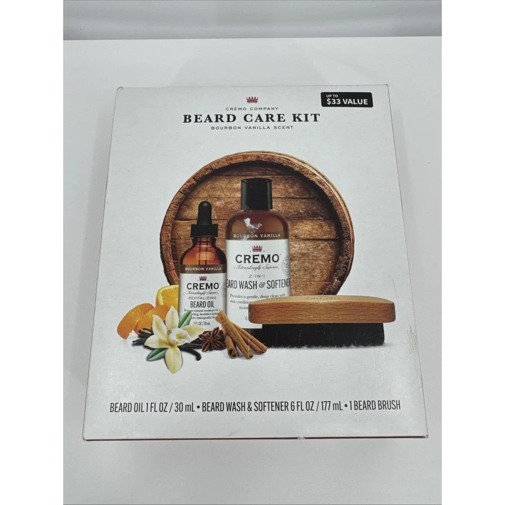 Cremo Mens Beard Grooming 3-PC Kit Wash/Softener-Oil-Brush Bourbon Vanilla Scent